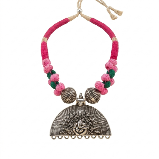 Neckpiece - Ganesha Neckpiece with Pink and Green Thread Beads Handcrafted