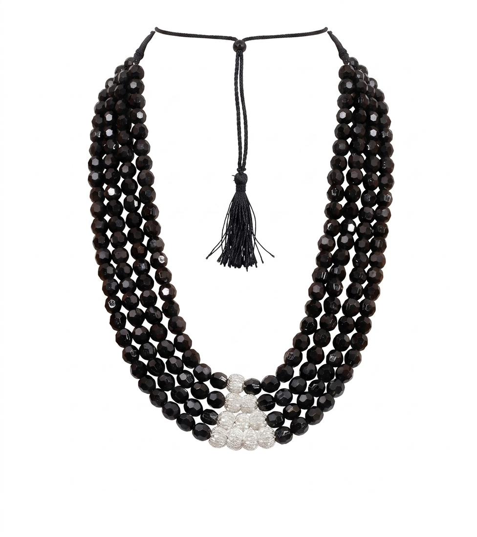 Neckpiece - Black Uncut and Silver Beads