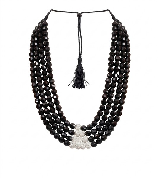 Neckpiece - Black Uncut and Silver Beads