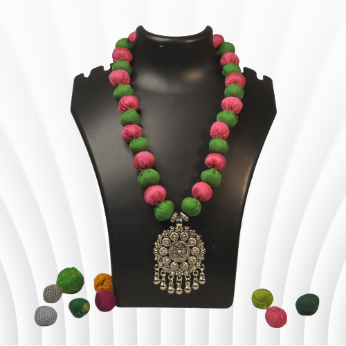 Vibrant Green Pink Cloth Jewellery Pendant, Handcrafted for parties or everyday wear