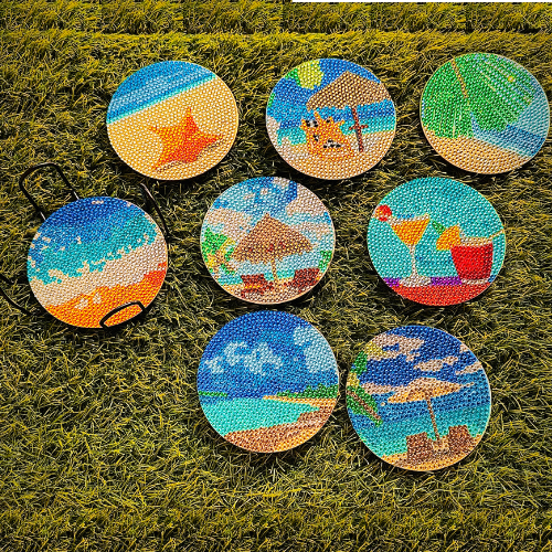 Coaster Set of 8 - Beachside Shimmer Diamond Painting Coaster Set with Stand Wooden