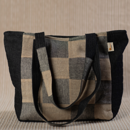 Black Tote Bag - denim and jute with beautiful patch work