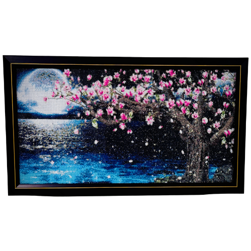 Starlit Sakura Serenade Diamond Painting on Glass Wooden Frame