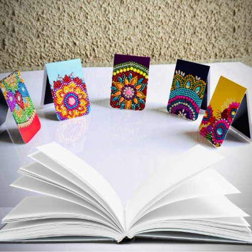 Diamond-painted Mandala Double-sided Magnetic Bookmarks with Rhinestones (Pack of 5)