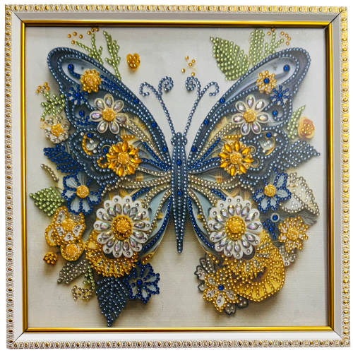 Diamond Painting - Blue Butterfly in Golden Blossom Harmony (On Demand)
