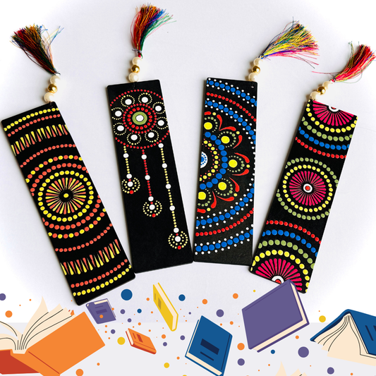 Bookmark - Dot-painted Mandala Long Rectangular Bookmarks with Tassels and Beads (Pack of 4)