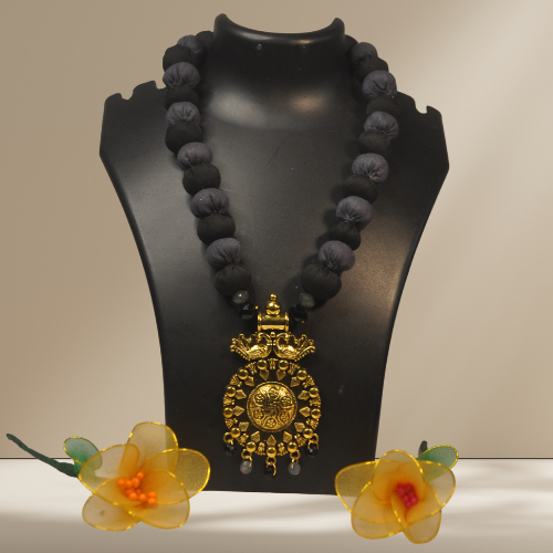 Elegant Black Beaded Cloth Jewelry with Golden Pendant