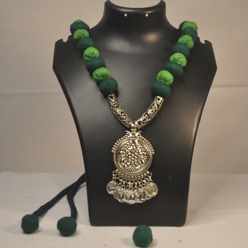 Elegant Light Green Beed Cloth Jewellery with Silver Pendant