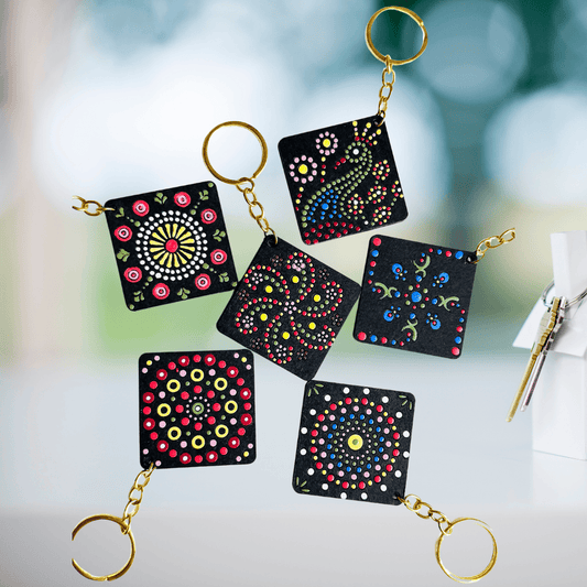 Keychains - SoulDots Mandala Charm Square Keychains Hand-painted Wooden Design (Pack of 6)