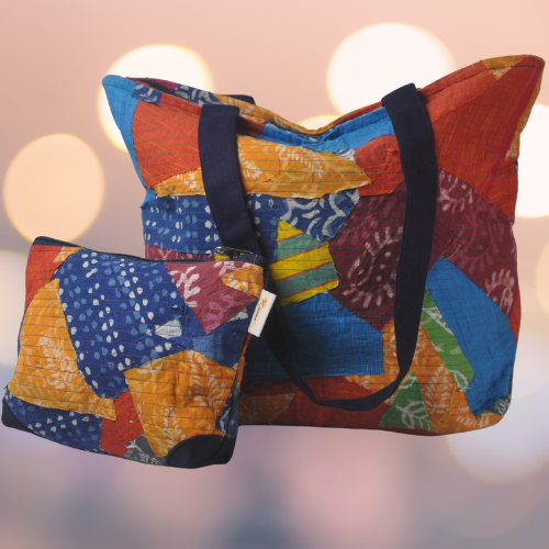 Multi color Tote bag and Pouch Combo - made from quilted cotton