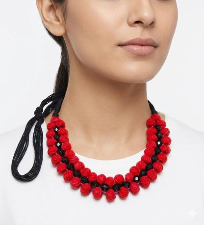 Neckpiece - Red Thread and Black Crystal