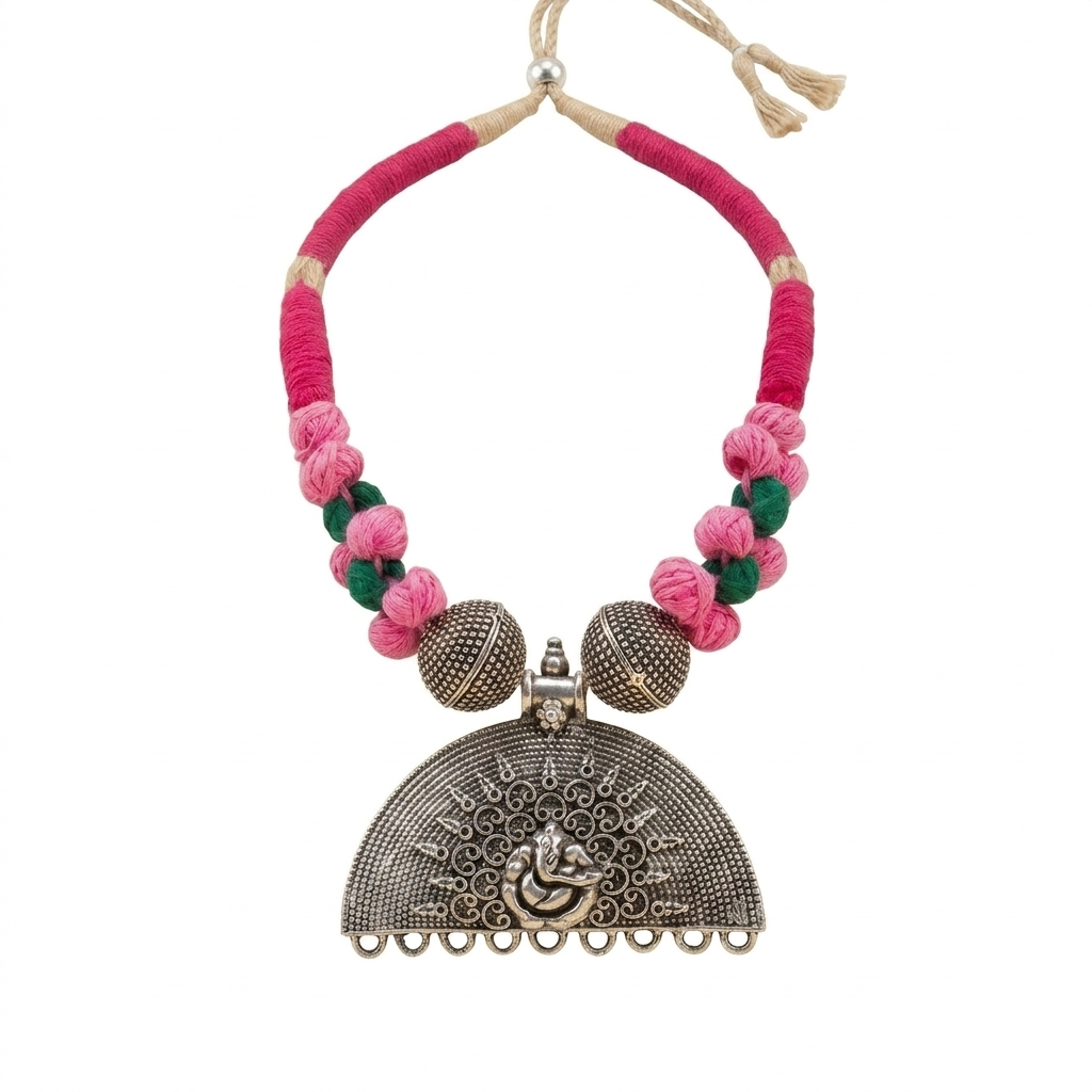 Neckpiece - Ganesha Neckpiece with Pink and Green Thread Beads Handcrafted