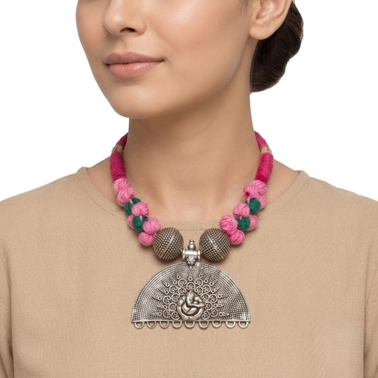 Neckpiece - Ganesha Neckpiece with Pink and Green Thread Beads Handcrafted
