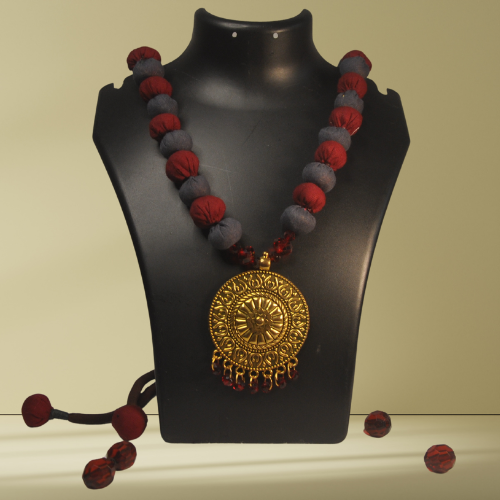 Red Grey Beaded Cloth Jewellery with Golden Pendant