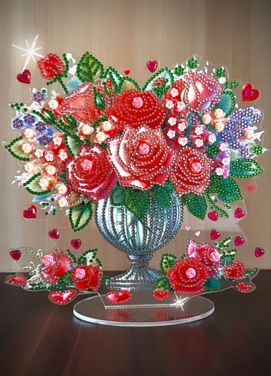 Romantic Rose Flower Vase Desk Decor with Heart Embellishments