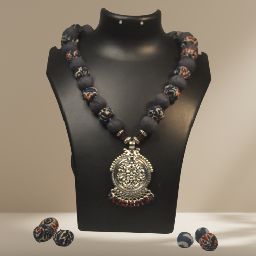 Vibrant Multi-Colour Beaded Cloth Jewellery with Silver Pendant