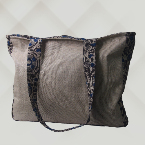 eco-friendly Jute Tote bag with zipper and traditional Kalamkari art on the handle
